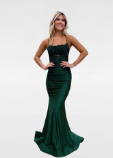 Geraldine | Chic Mermaid Beaded Satin Dark Green Prom Dress - Dark Green - PromDressClub